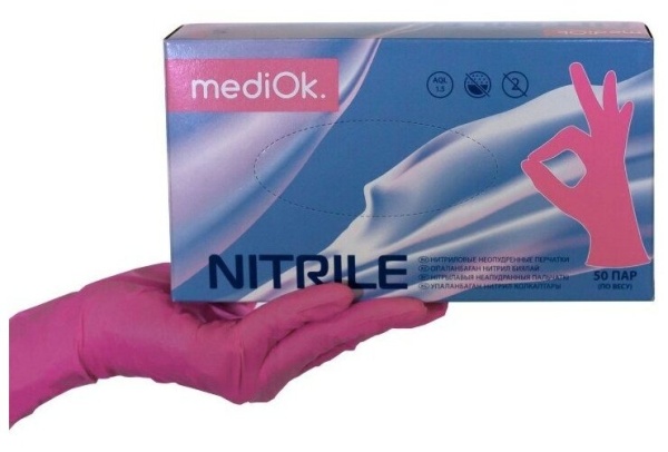 Перчатки mediOk нитриловые смотровые, Magenta цвет Розовый, размер М